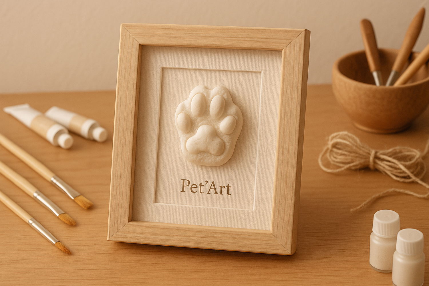 un cadre Pet’Art avec a l interieur une empreinte de chat en resine posé sur une table , avec des outils de personnalisation autour palette douce (beige, bois clair, blanc cassé)