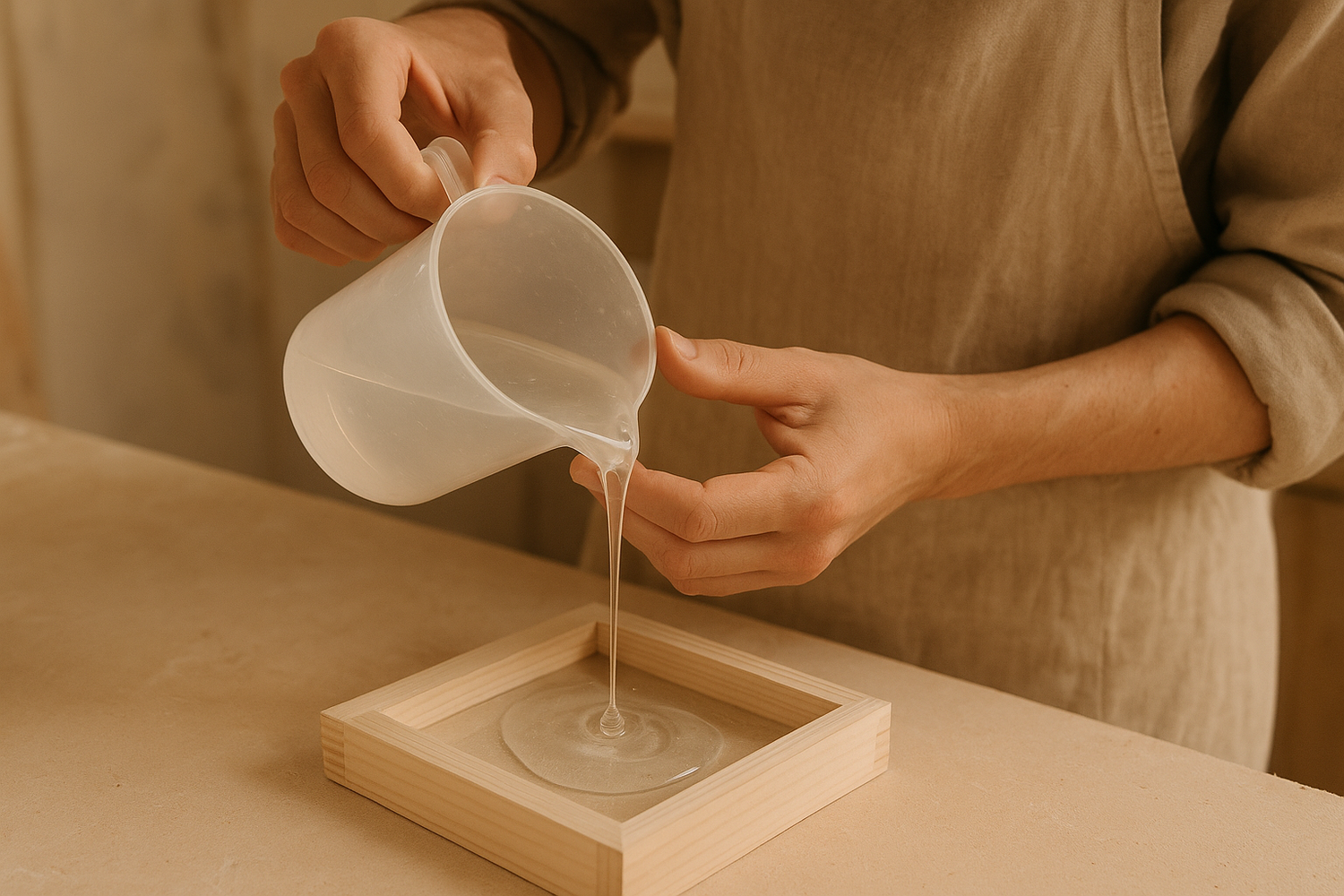 mains d’artisan en train de couler la résine dans un moule palette douce (beige, bois clair, blanc cassé) en format vertical